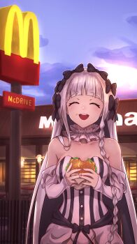 1girl absurdres bare_shoulders black_bow blue_sky bow braid breasts burger closed_eyes collar colored_inner_hair commentary detached_sleeves dress eating english_commentary fate/strange_fake fate_(series) food francesca_prelati_(fate) frilled_collar frills grey_hair hair_bow highres long_hair matsel_arts mcdonald's medium_breasts multicolored_hair open_mouth panties sidelocks sky smile striped_clothes striped_dress underwear very_long_hair white_dress white_hair white_panties