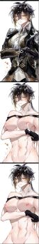 1boy absurdres bare_pectorals blush cum cum_on_body cum_on_stomach genshin_impact highres lactation male_lactation multiple_views nipples pectorals portrait sequential white_background yanwangyedepigu zhongli_(genshin_impact)