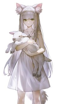 1girl animal animal_ear_fluff animal_ears baby_animal bare_shoulders black_eyes closed_mouth collarbone cross cross_necklace dress expressionless female_focus flat_chest green_eyes grey_hair hands_up holding holding_animal jewelry lamb latin_cross long_hair looking_at_viewer necklace original see-through_clothes see-through_dress see-through_silhouette sheep sidelocks simple_background sleeveless sleeveless_dress solo somok spaghetti_strap standing tail very_long_hair white_background white_dress white_theme wolf_ears wolf_girl wolf_tail