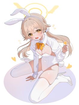 1girl absurdres alternate_costume animal_ear_hairband animal_ears blue_archive blush bow bowtie breasts brown_hair commentary covered_navel fake_animal_ears fake_tail full_body hairband halo hifumi_(blue_archive) high_heels highleg highleg_leotard highres leotard long_hair long_sleeves looking_at_viewer low_twintails open_mouth orange_bow orange_bowtie playboy_bunny rabbit_ear_hairband rabbit_ears rabbit_tail shoes shrug_(clothing) shusuchii sitting small_breasts small_sweatdrop solo strapless strapless_leotard symbol-only_commentary tail thighhighs twintails wariza white_leotard white_shoes white_shrug white_thighhighs yellow_eyes yellow_halo