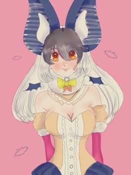 Rule 34 | 1girl, animal ears, bat ears, bat girl, bat wings, breasts, brown eyes, brown hair, brown long-eared bat (kemono friends), cleavage, commentary request, elbow gloves, extra ears, gg87ckn, gloves, grey hair, highres, kemono friends, kemono friends v project, large breasts, leotard, long hair, looking at viewer, microphone, pink background, simple background, skirt, solo, virtual youtuber, wings