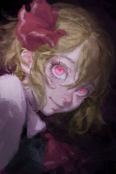 1girl absurdres ascot black_background black_vest blonde_hair bow closed_mouth gracehoo hair_ribbon highres lips looking_at_viewer nose realistic red_ascot red_bow red_eyes ribbon rumia shirt short_hair smile touhou vest white_shirt