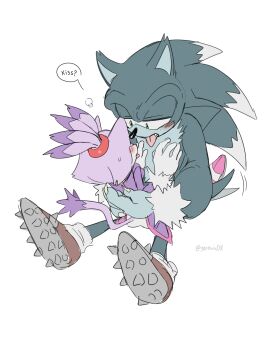 1boy 1girl artist_name blaze_the_cat blue_fur blush claws furry furry_female furry_male gloves highres jacket multicolored_fur ponytail purple_fur purple_jacket shoes simple_background sitting sonic_(series) sonic_the_hedgehog sonic_the_werehog spiked_shoes spikes straddling sweatdrop tail tail_wagging tongue tongue_out upright_straddle white_background white_gloves yeonwu08