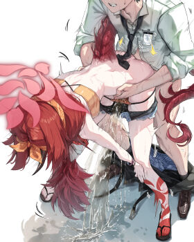 1boy 1girl absurdres bangs_pinned_back bikini bikini_bottom_pull blue_archive clenched_teeth clothes_pull denim denim_shorts dragon_girl dragon_horn dragon_tail excessive_pussy_juice female_ejaculation flip-flops hairband halo hands_on_another&#039;s_waist hands_on_own_knees hetero highres horns id_card leaning_forward necktie open_clothes open_shorts orange_hairband pants pants_around_ankles pants_pull pussy_juice red_hair red_halo red_tail renge_(blue_archive) renge_(swimsuit)_(blue_archive) sandals sensei_(blue_archive) sex sex_from_behind shorts shorts_pull single_horn standing standing_sex sunnysideup swimsuit tail teeth yellow_bikini