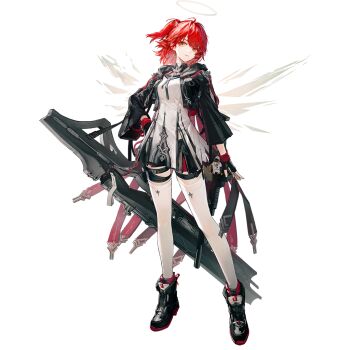 1girl ankle_boots arknights arm_at_side belt_pouch black_boots black_gloves black_jacket black_shorts boots detached_wings energy_wings exusiai_(arknights) exusiai_the_new_covenant_(arknights) fingerless_gloves full_body gloves gun halo hand_on_own_hip huanxiang_heitu jacket kriss_vector legs_apart long_sleeves looking_at_viewer medium_hair official_alternate_costume official_art one_side_up orange_eyes pouch railgun red_hair shirt shorts simple_background solo standing submachine_gun tachi-e thigh_pouch thigh_strap thighhighs third-party_source traditional_halo transparent_background weapon white_shirt white_thighhighs wings