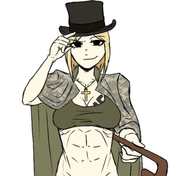 Rule 34 | 1girl, blonde hair, breast tattoo, breasts, camouflage, camouflage jacket, collarbone, crop top, green tank top, hand on own hat, hat, holding, holding stick, jacket, limestone (artist), marichka, medium breasts, nazi, non-web source, original, russo-ukrainian war, short hair, smile, solo, stick, sticker, swastika, swastika tattoo, tank top, tattoo, top hat, transparent background