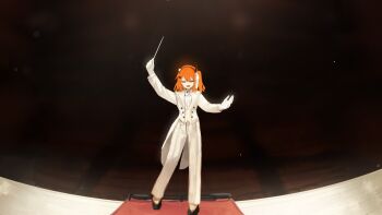 1girl a.i._voice absurdres adachi_rei alternate_costume arm_up auditorium black_shoes blurry blurry_background closed_eyes coattails collared_shirt commentary conductor conductor_baton formal_clothes gloves headlamp highres holding_baton indoors jacket light_particles long_sleeves medium_hair nariyamanai_yorokobi_to_tomo_ni!_(utau) one_side_up open_mouth orange_hair outstretched_arms pants radio_antenna ribbon shirt shoes smile solo spread_arms stage standing suit uranosebi utau vest white_gloves white_jacket white_pants white_ribbon white_shirt white_suit wide_shot yellow_vest