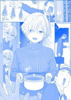 Rule 34 | 1boy, 3girls, blue theme, breasts, character request, clenched teeth, commentary request, faceless, faceless male, formal clothes, getsuyoubi no tawawa, grin, highres, himura kiseki, holding, holding saucepan, large breasts, looking at viewer, monochrome, multiple girls, open mouth, smile, suit, sweater, teeth, turtleneck, turtleneck sweater