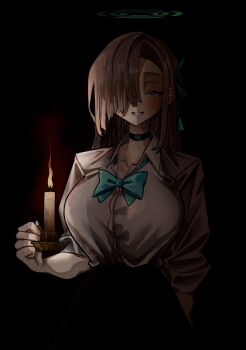 1girl asuna_(blue_archive) asuna_(school_uniform)_(blue_archive) blue_archive blue_halo blue_ribbon blue_scrunchie blush breasts candle candlestand choker collarbone cowboy_shot dark hair_between_eyes hair_over_one_eye halo happy_jolson highres holding holding_candle long_hair looking_at_viewer night pleated_skirt ribbon school_uniform scrunchie shirt shoes skirt smile solo standing very_long_hair white_shirt wrist_scrunchie