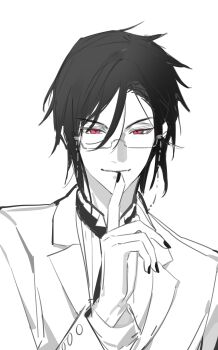 1boy absurdres bishounen black_hair black_nails chinese_commentary closed_mouth collared_shirt earrings eyewear_strap finger_to_mouth fingernails formal_clothes glasses greyscale hair_between_eyes hand_up highres index_finger_raised jacket jewelry kayu_(yukagoin) kuroshitsuji long_sleeves looking_at_viewer male_focus monochrome nail_polish necktie red_eyes sebastian_michaelis shirt short_hair shushing simple_background smile solo spot_color suit upper_body white_background