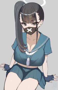 1girl absurdres black_hair black_mask blue_archive blush breasts commentary_request cowboy_shot delinquent fingerless_gloves gloves grey_background halo highres huge_breasts koshimizu_you large_breasts long_hair looking_at_viewer mask mouth_mask ponytail school_uniform serafuku simple_background skirt solo sukeban sukeban_(smg)_(blue_archive) surgical_mask