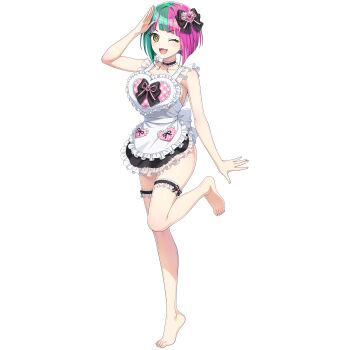 Rule 34 | 1girl, :3, apron, barefoot, black bow, black choker, bob cut, bow, choker, diagonal bangs, dolphin wave, frilled apron, frilled choker, frills, full body, game cg, green hair, hair bow, heart apron, helly lewis, highres, looking at viewer, multicolored hair, naked apron, non-web source, official art, one eye closed, ootomo takuji, open mouth, pink hair, salute, smile, solo, split-color hair, standing, standing on one leg, thigh strap, transparent background, two-tone hair, white apron, yellow eyes