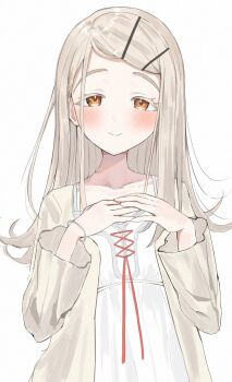 1girl blonde_hair blush brown_robe camisole closed_mouth collarbone colored_eyelashes commentary flipped_hair gakuen_idolmaster hair_ornament hairclip hands_on_own_chest hands_up highres idolmaster issei_draw long_hair long_sleeves looking_at_viewer open_clothes open_robe orange_eyes own_hands_together parallel_hairclips red_ribbon ribbon robe shinosawa_hiro simple_background smile solo split_mouth swept_bangs upper_body white_background white_camisole wristband