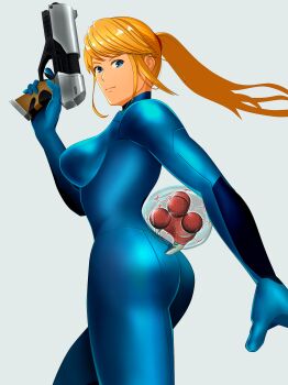 1girl armpit_crease artist_request ass blonde_hair blue_bodysuit blue_eyes bodysuit breasts closed_mouth collarbone crease curled_fingers directed-energy_weapon energy_gun female_focus finger_on_trigger floating_hair from_behind grabbing_another's_ass groping gun hand_up high_ponytail highres holding holding_gun holding_weapon large_breasts legs light_smile long_hair looking_at_viewer looking_back metroid metroid:_other_m metroid_(creature) metroid_2:_return_of_samus metroid_larva metroid_samus_returns metroid_zero_mission multiple_views naughty_face neck nintendo open_hand outstretched_arm paralyzer ponytail ray_gun samus_aran scan sideboob sidelocks simple_background skin_tight smile swept_bangs thighs trigger_discipline turnaround weapon zero_suit