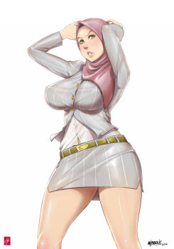 Rule 34 | 1girl, belt, blush, breasts, female focus, formal clothes, green eyes, highres, hijab, large breasts, miniskirt, nigaw, office lady, original, pencil skirt, pink hijab, pinstripe pattern, pinstripe suit, simple background, skirt, skirt suit, solo, striped, suit, white background