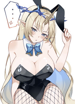 ... 1010_(wuthering1010) 1girl absurdres alternate_costume anger_vein animal_ear_hairband animal_ears bare_shoulders black_leotard blonde_hair blue_eyes blue_hair blush breasts cleavage colored_inner_hair commentary_request crown_of_thorns earrings fake_animal_ears fishnet_pantyhose fishnets fleurdelys_(wuthering_waves) floating_earrings hairband highres horns huge_breasts jewelry leotard long_hair looking_at_viewer multicolored_hair pantyhose parted_lips playboy_bunny pointy_ears rabbit_ear_hairband rabbit_ears sidelocks simple_background single_horn solo spoken_anger_vein spoken_ellipsis thigh_gap thighs very_long_hair white_background wuthering_waves yellow_horns