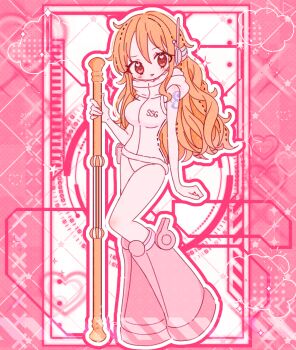 1girl bare_shoulders blush boots breasts brown_hair clima-tact cloud commentary full_body headphones heart heart_in_eye holding holding_staff hood hood_down hoodie long_hair looking_at_viewer medium_breasts nami_(one_piece) official_alternate_costume one_piece orange_hair panties pink_boots poipoimelong science_fiction shoulder_tattoo single_sidelock sleeveless sleeveless_hoodie solo sparkle staff standing symbol-only_commentary symbol_in_eye tattoo tongue tongue_out underwear wavy_hair white_hoodie white_panties