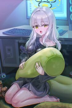 1girl blue_archive can commentary_request computer computer_keyboard drink_can energy_drink green_eyes green_pillow grey_hair grey_shirt halo hare_(blue_archive) highres holding holding_pillow internet_cafe korean_commentary long_hair long_sleeves monitor pillow ponytail shirt solharuu