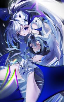 1girl absurdres aiming aiming_at_viewer amane_kanata amane_kanata_(lock_on) bare_shoulders belt black_choker black_jacket blue_hair blue_halo blue_wings blush choker commentary_request crossed_bangs earrings gradient_hair gradient_wings grey_hair gun hair_between_eyes halo heart highres holding holding_gun holding_weapon hololive jacket jewelry long_hair long_sleeves looking_at_viewer midriff mini_wings multicolored_hair multicolored_wings navel necklace official_alternate_costume open_mouth parted_bangs purple_eyes ring ritsukichrilip9 short_shorts shorts single_hair_intake solo star_(symbol) star_earrings star_halo stomach tilted_halo virtual_youtuber weapon white_belt white_hair white_shorts wings