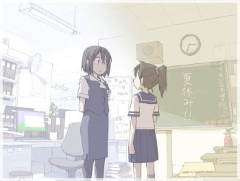 Rule 34 | 2girls, black hair, bliss (image), chair, chalkboard, clock, commentary, cup, dual persona, fire extinguisher, fluorescent lamp, hand fan, microsoft windows, monitor, mug, multiple girls, office chair, office lady, original, pantyhose, pencil skirt, ponytail, school uniform, serafuku, short hair, skirt, swivel chair, time paradox, translated, tsukuba masahiro, windows xp