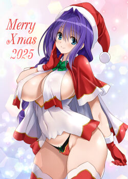 1girl 2025 blue_eyes blush bow bow_panties braid breast_curtains breasts breasts_out camisole capelet christmas commentary_request covered_erect_nipples covered_navel gloves groin hair_intakes hand_on_own_face hat highleg highleg_panties highres kanon large_breasts long_hair merry_christmas minase_akiko mitarashi_kousei no_pants panties purple_hair red_capelet red_gloves red_hat red_panties red_thighhighs santa_costume santa_hat solo thighhighs thighs underwear white_camisole