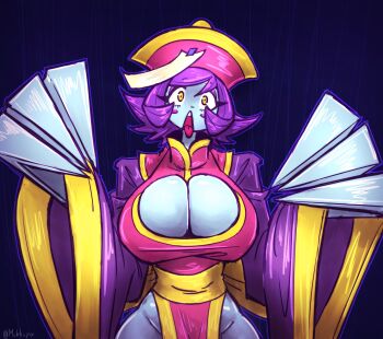 1girl 2025 absurdres alternate_breast_size_(larger) blue_background blue_skin blush_stickers bow breasts capcom chinese_clothes claw_(weapon) claws cleavage clothing_cutout collarbone colored_skin commentary darkstalkers dress english_commentary flipped_hair ghost groin hat highres hip_vent hsien-ko huge_breasts jiangshi long_sleeves looking_at_viewer mandarin_collar mokkoyu narrow_waist ofuda open_mouth pink_hat purple_hair qingdai_guanmao sash short_hair simple_background straight-on taut_clothes teeth thighhighs tongue tongue_out upper_body upper_teeth_only waist_bow weapon wide-eyed wide_sleeves yellow_bow yellow_eyes yellow_sash yellow_trim