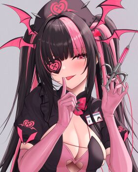 1girl azur_lane black_dress black_hair black_hat blush bow breasts cleavage closed_mouth clothing_cutout commentary_request dress elbow_gloves eyepatch frilled_dress frills gloves grey_background hair_intakes hand_up hands_up hat head_wings heart heart_cutout heart_eyepatch heart_print highres holding holding_syringe id_card index_finger_raised large_breasts long_hair looking_at_viewer multicolored_hair multiple_wings nurse_cap pink_bow pink_eyes pink_gloves pink_hair pink_streaks prinz_moritz_(azur_lane) sawtooth sideboob sidelocks smile solo streaked_hair syringe tongue tongue_out twintails underboob_cutout upper_body very_long_hair wings