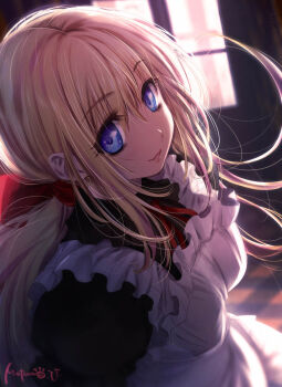 Rule 34 | 1girl, apron, blonde hair, blue eyes, commentary request, dress, floating hair, highres, long hair, looking at viewer, maid, parted lips, smile, solo, ueda metawo, upper body, yami no koe