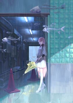 1girl absurdres blue_eyes bone closed_mouth closed_umbrella commentary_request crack cracked_floor dress dripping fish fish_skeleton flying_fish full_body high_heels highres holding holding_umbrella kneehighs long_hair original outdoors pink_hair puddle puffy_sleeves rain skeleton socks standing tile_wall tiles torii_illust traffic_cone tunnel umbrella very_long_hair white_footwear white_socks yellow_umbrella