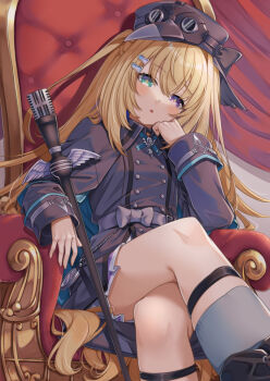 1girl :o armchair black_boots black_capelet black_hat black_jacket blonde_hair blue_eyes boots capelet chair commentary_request crossed_legs feet_out_of_frame grey_socks hair_between_eyes hat heterochromia jacket long_hair looking_at_viewer mementovanitas microphone miri_(ago550421) on_chair parted_lips plague_doctor_mask pleated_skirt purple_eyes riot_music sitting skirt socks solo two_side_up very_long_hair virtual_youtuber white_skirt