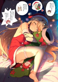 1girl alternate_costume architect_(xenoblade) bare_shoulders blonde_hair blush breasts christmas_stocking closed_eyes closed_mouth commentary_request dress earrings floating_earrings fur-trimmed_dress fur_trim highres hugging_object jewelry knees_up long_hair lying medium_breasts mythra_(xenoblade) nia_(xenoblade) on_side partially_translated pyra_(xenoblade) red_dress rex_(xenoblade) santa_costume santa_dress smile solo swept_bangs thigh_strap tiara translation_request watsuki_ayamo xenoblade_chronicles_(series) xenoblade_chronicles_2