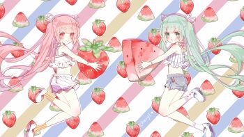 Rule 34 | 2girls, absurdly long hair, absurdres, bare legs, bare shoulders, bead bracelet, beads, bracelet, bright pupils, charm (object), cheryl qaq, closed mouth, colorful background, crop top, dual persona, eyelashes, floating hair, food, food charm, frilled tank top, fruit, fruit background, full body, green eyes, green hair, grey shorts, gym shorts, hair ribbon, hatsune miku, heart, heart print, highres, holding, holding food, holding fruit, jewelry, light blush, lipstick, long hair, looking at viewer, makeup, mary janes, midriff, miniskirt, multiple girls, open mouth, oversized food, oversized object, pink eyes, pink hair, pink lips, pleated skirt, pocket, ribbon, sakura miku, shadow, shirt, shoes, short shorts, shorts, signature, skirt, smile, socks, strawberry, striped background, striped clothes, striped shirt, striped skirt, striped socks, tank top, torn clothes, torn shorts, twintails, vertical-striped clothes, vertical-striped shirt, vertical-striped socks, very long hair, vocaloid, watermelon, watermelon slice, white pupils, white ribbon, white shoes, white skirt, white socks, white tank top, yellow socks