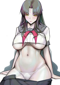 1girl bare_arms black_hair black_sailor_collar black_skirt blush breasts clothes_pull commentary cropped_shirt english_commentary fate/extra fate/extra_ccc fate/grand_order fate_(series) forehead_tattoo large_breasts lips long_hair mixed-language_commentary navel neckerchief oha_v panties parted_bangs parted_lips pink_neckerchief sailor_collar sailor_shirt school_uniform sessyoin_kiara shirt short_sleeves simple_background sitting skirt skirt_pull solo tattoo teeth underboob underwear very_long_hair white_background white_panties white_shirt