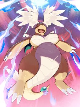 1girl absurdres breasts claws dragon_tail dragon_wings dragonair dragonite from_below furry furry_female gen_1_pokemon head_wings highres horns kame_(3t) mega_dragonite mega_pokemon midair mini_wings nintendo nipples open_mouth pokemon single_horn smile solo tail wings