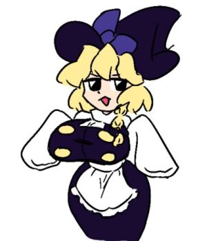 1girl :< apron black_dress black_eyes black_hat blonde_hair blue_bow bow braid breasts buttons chibi chibi_only cookie_(touhou) dress frilled_apron frills hat hat_bow huge_breasts kirisame_marisa large_breasts long_hair long_sleeves lowres mob_face open_mouth pinafore_dress shirt simple_background single_braid sleeveless sleeveless_dress sleeves_past_fingers sleeves_past_wrists solo thatartistann touhou white_apron white_background white_shirt wide_sleeves witch_hat yuuhi_(cookie)