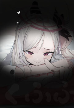 1girl absurdres black_socks blue_archive blush c: closed_mouth commentary eyelashes fingernails forehead furrowed_brow grey_hair hair_spread_out halo heart highres holding_own_arm index_finger_raised koutannkoburia long_sleeves lying mutsuki_(blue_archive) no_shoes on_bed on_stomach opening_eyes pointing pointing_at_viewer pov purple_eyes red_halo shirt side_ponytail slit_pupils smile smug socks solo split_mouth straight-on the_pose translated tsurime upper_body white_shirt yes yes-no_pillow