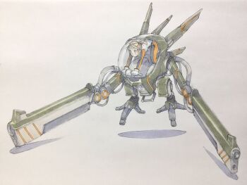 1girl arm_cannon blonde_hair blue_eyes bodysuit closed_mouth cockpit floating gloves highres mecha mecha_focus mecha_pilot_suit non-humanoid_robot one_side_up original peter_salt robot short_hair sitting solo traditional_media v-shaped_eyebrows weapon white_background white_gloves