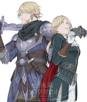 Rule 34 | 1boy, 1girl, arizuka (catacombe), armor, ascot, black scarf, blindfold mask, blonde hair, blue eyes, blue surcoat, brother and sister, brown gloves, commentary request, dagger, duchess (elden ring), earrings, elden ring, elden ring nightreign, gloves, greatsword, helmet, highres, holding, holding sword, holding weapon, jewelry, knife, long hair, mask, over shoulder, pauldrons, pendant, ponytail, scale armor, scar, scar on face, scar on neck, scarf, sheath, sheathed, short hair, shoulder armor, siblings, simple background, single earring, smile, surcoat, sword, sword over shoulder, weapon, weapon over shoulder, white ascot, white background, white gloves, winged helmet, wylder (elden ring)