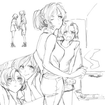 Rule 34 | 2girls, alvis uniform, greyscale, michi naka, monochrome, multiple girls, multiple views, one eye closed, pants, ponytail, selfie, shirt, short hair, shorts, siblings, simple background, sisters, sketch, sleeveless, sleeveless shirt, smile, soukyuu no fafner, steam, toomi maya, toomi yumiko, white background