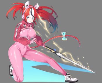 1girl absurdres alice_(nikke) black_hair blue_eyes bodysuit breasts cafelittle commentary_request cosplay covered_navel crossover goddess_of_victory:_nikke hakos_baelz highres hololive hololive_english large_breasts multicolored_hair pink_bodysuit red_hair solo stellar_blade twintails virtual_youtuber white_hair