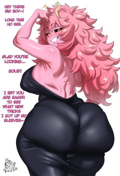 Rule 34 | 1girl, antennae, artist name, ashido mina, ass, ass focus, backless dress, backless outfit, bare arms, bare shoulders, black dress, black sclera, boku no hero academia, breasts, colored sclera, colored skin, cowboy shot, dress, from behind, grin, helloguish, huge ass, large breasts, long hair, looking back, pantylines, pink hair, pink skin, simple background, smile, solo, standing, teeth, wavy hair, white background, yellow eyes