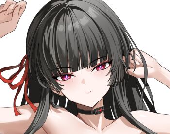 1girl black_choker black_hair chisa_(wuthering_waves) choker collarbone commentary english_commentary hair_ribbon hands_up highres hiroki_(hirokiart) implied_nudity long_hair looking_at_viewer mole mole_under_eye portrait red_eyes red_ribbon ribbon simple_background solo unfinished white_background wuthering_waves