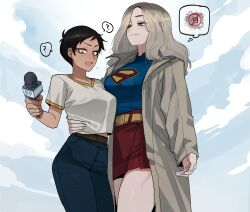 2girls ? absurdres arm_around_waist black_hair blonde_hair brown_coat coat dc_comics emblem flying_sweatdrops high-waist_pants highres in-franchise_crossover lois_lane medium_hair microphone midair midriff_peek multiple_girls my_adventures_with_superman pants ratatatat74 red_skirt short_hair skirt speech_bubble supergirl superman_(2025) superman_(series) thought_bubble very_short_hair you_gonna_get_raped yuri