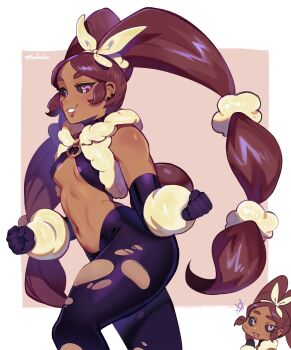 1girl black_leggings black_sclera breasts brown_eyes colored_sclera cosplay dark-skinned_female dark_skin gen_4_pokemon highres leggings long_hair looking_at_viewer lopunny mega_lopunny mega_lopunny_(cosplay) mega_pokemon multiple_tails navel nintendo pink_eyes pokemon signature small_breasts tail torn_clothes torn_leggings twintails very_long_hair zambiie