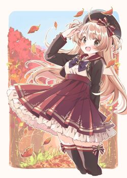 1girl autumn autumn_leaves black_jacket black_sailor_collar black_thighhighs blush cloud cloudy_sky falling_leaves feet_out_of_frame forest green_eyes hat highres jacket leaf looking_at_viewer motchida nature open_mouth original outdoors red_skirt sailor_collar shirt skirt sky solo standing thighhighs tree white_shirt