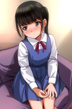 1girl absurdres black_hair blue_dress blush brown_eyes commentary_request couch dress highres long_hair long_sleeves looking_to_the_side matsunaga_kouyou neck_ribbon on_couch original red_ribbon ribbon school_uniform shirt sitting sleeveless sleeveless_dress solo twintails white_shirt