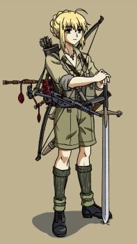 1girl :| absurdres ahoge ammunition_pouch arrow_(projectile) artoria_pendragon_(fate) bagpipes black_boots blonde_hair boots bow_(weapon) braid breast_pocket british_army brown_background brown_shirt brown_shorts chinese_commentary closed_mouth collared_shirt combat_boots commentary_request cross cross_necklace expressionless fate/stay_night fate_(series) full_body gaiters green_eyes green_socks gun gun_sling hair_between_eyes hand_on_hilt highres holding holding_sword holding_weapon instrument jewelry kneehighs latin_cross load_bearing_equipment looking_ahead military military_combat_uniform military_fatigues military_uniform necklace pocket pouch quiver saber_(fate) sheath shirt short_hair shorts simple_background sleeves_rolled_up socks soldier solo standing sten_gun submachine_gun sword tassel three-quarter_sleeves warred weapon weapon_on_back world_war_ii