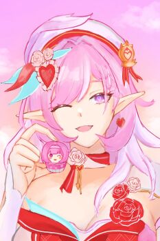 1girl ;o beret breasts cleavage commentary cupcake diamond-shaped_pupils diamond_(shape) dress elf elysia_(hi_love_elf)_(honkai_impact) elysia_(honkai_impact) english_commentary food hat highres holding holding_food honkai_(series) honkai_impact_3rd large_breasts long_hair looking_at_viewer multicolored_hair one_eye_closed pink_hair pink_sky pointy_ears purple_eyes red_dress sky smile solo symbol-shaped_pupils two-tone_hair upper_body very_long_hair white_hair yakmeephuawkaa