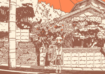 1girl absurdres autumn bag blank_eyes brick_wall child emesan_desu floating_clothes floating_hair grate grey_theme gutter hair_ornament highres house kerchief loafers long_skirt long_sleeves orange_tree original outdoors power_lines road scenery school_bag school_uniform sewer_grate shoes short_hair skirt solo stone_wall street tree utility_pole v_arms wall wide_shot wind wind_lift