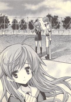 Rule 34 | 1boy, 1girl, aritai susumu, baseball bat, baseball uniform, blood tune, chaos;head, character request, check character, greyscale, highres, holding, holding baseball bat, kneehighs, long hair, monochrome, official art, scan, school uniform, science adventure, seira orgel, seira orgel (pre-transformation), serafuku, serious, socks, sportswear, tagme, yukiwo